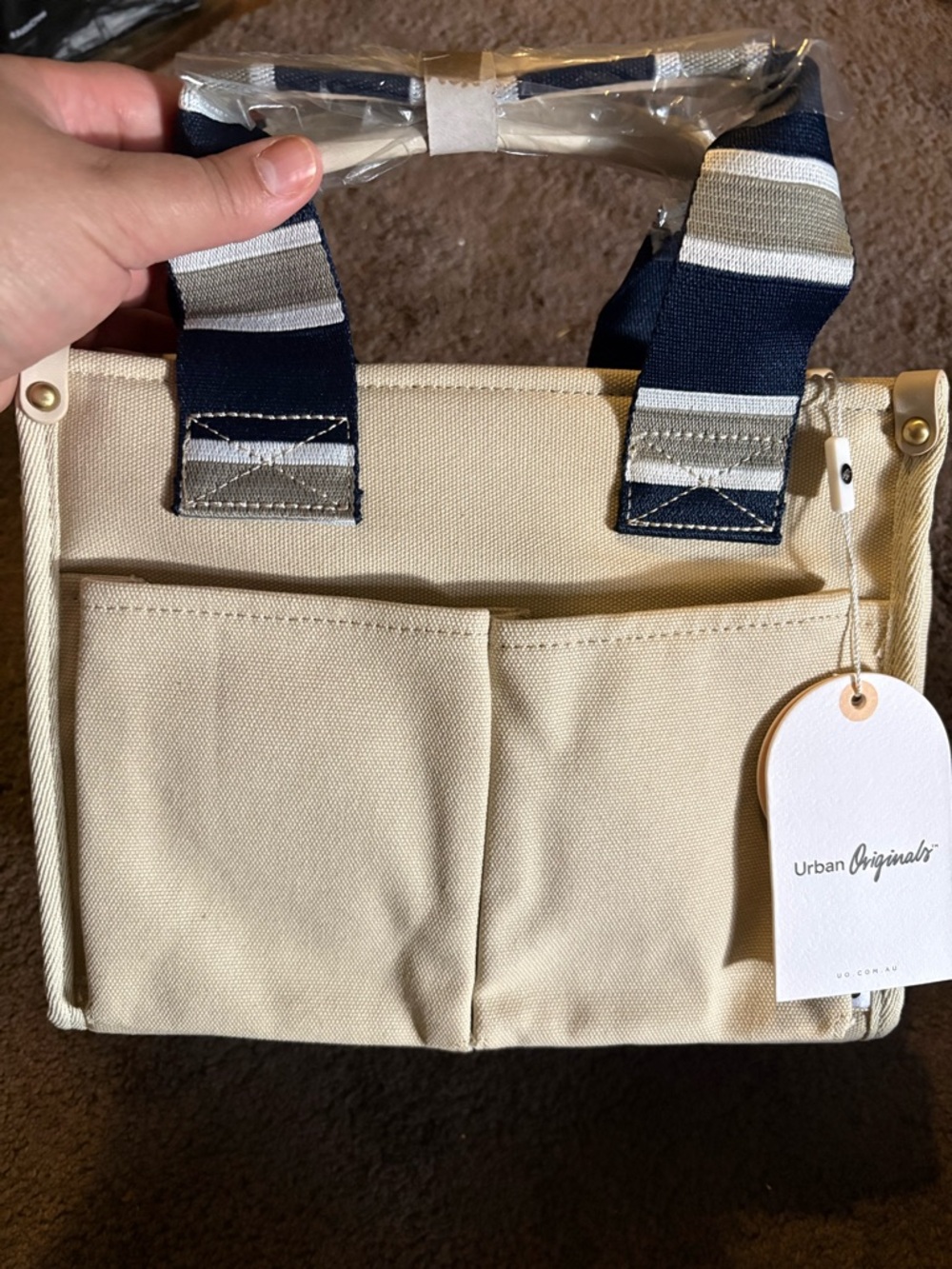 Urban Originals Beige Canvas Tote with Navy & Gray Striped Handles